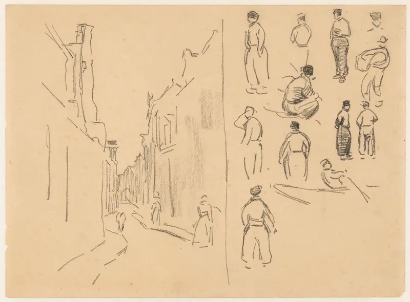 Studieblad met op de ene helft een straat en op de ander diverse figuurstudies Wall Art by Willem Bastiaan Tholen - High-Resolution Digital Print