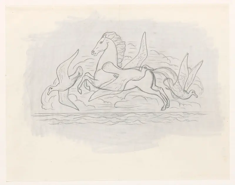 Studieblad met paard en drie zeemeeuwen Wall Art by Leo Gestel - High-Resolution Digital Print
