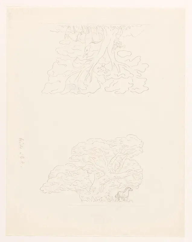 Studieblad met paard onder een boom en een man spelend op een trompet onder een boom, vergezeld door twee ezels Wall Art by Leo Gestel - High-Resolution Digital Print
