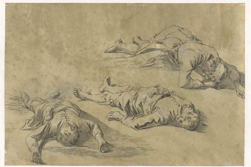 Studieblad met schetsen van drie liggende mannen Wall Art by Leonaert Bramer - High-Resolution Digital Print