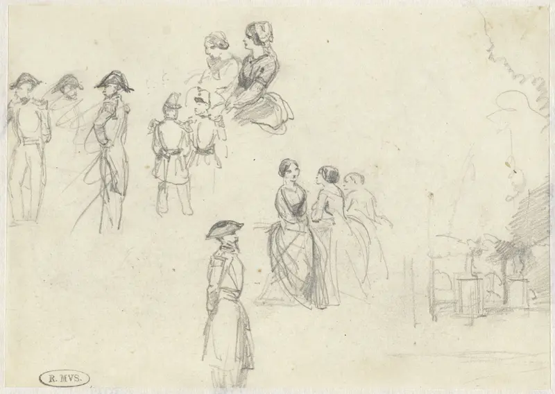 Studieblad met schetsen van militairen en vrouwen in groepjes bijeen Wall Art by Unknown - High-Resolution Digital Print