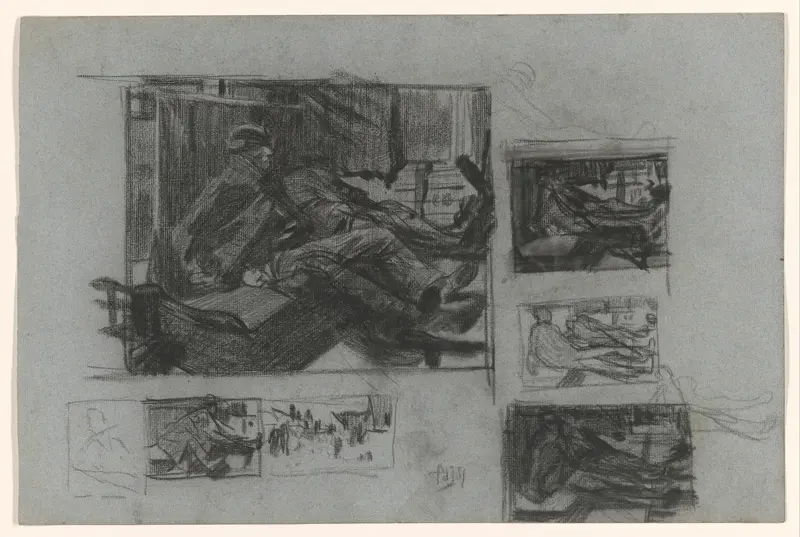 Studieblad met schetsen van treincoupé met slapende mannen Wall Art by Pieter de Josselin de Jong - High-Resolution Digital Print