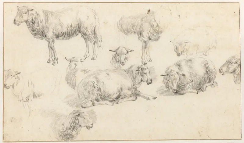 Studieblad met staande en liggende schapen Wall Art by Nicolaes Pietersz Berchem - High-Resolution Digital Print
