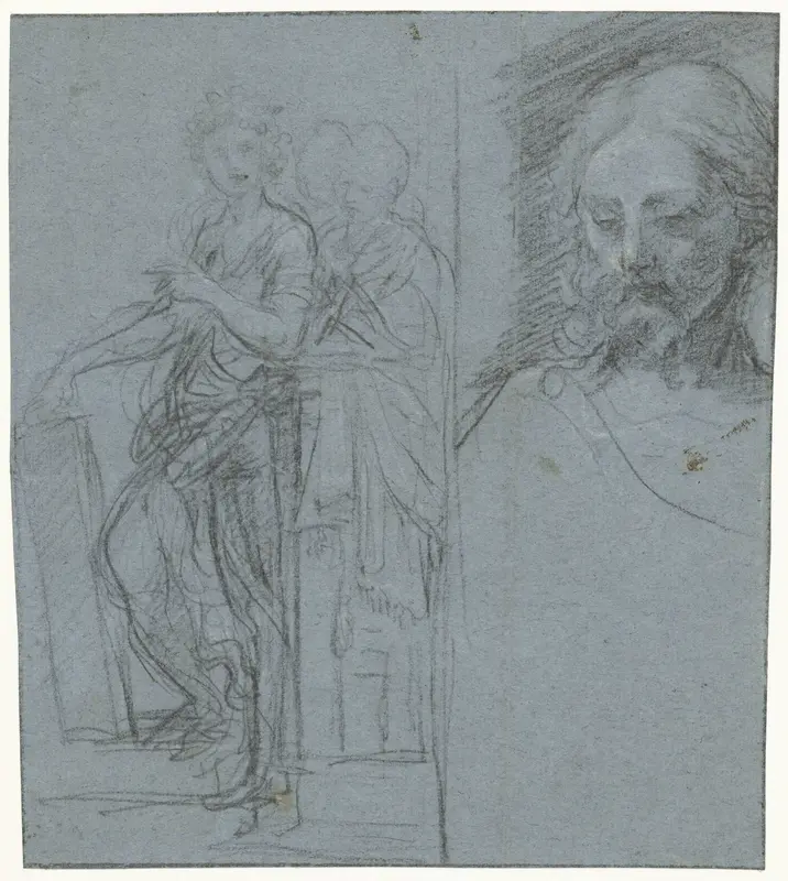 Studieblad met staande vrouwen en een Christushoofd Wall Art by Unknown - High-Resolution Digital Print