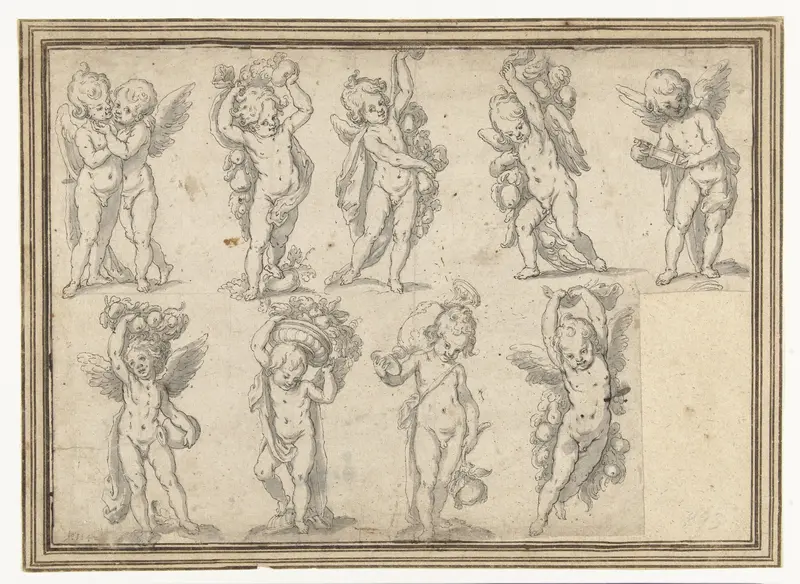 Studieblad met tien engeltjes met attributen Wall Art by anonymous - High-Resolution Digital Print