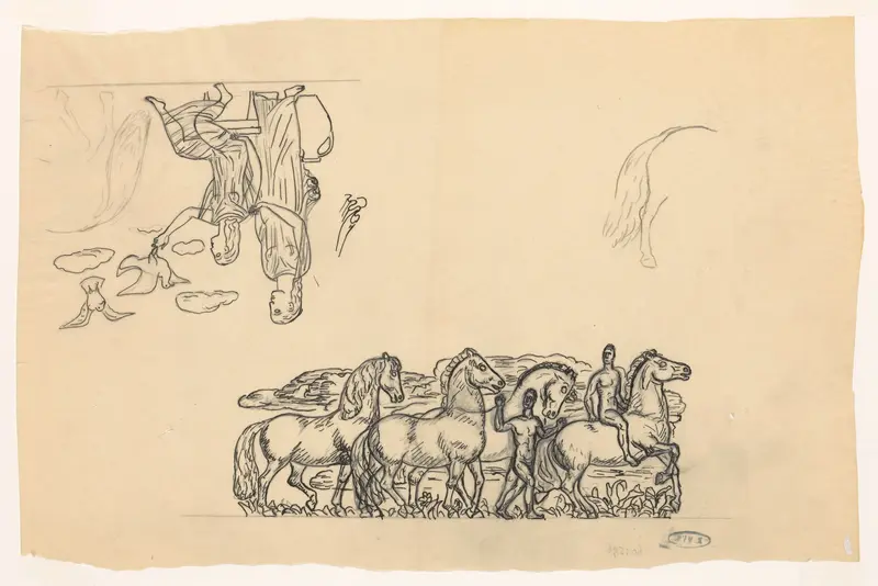 Studieblad met twee mannen met paarden en twee vrouwen met duiven Wall Art by Leo Gestel - High-Resolution Digital Print