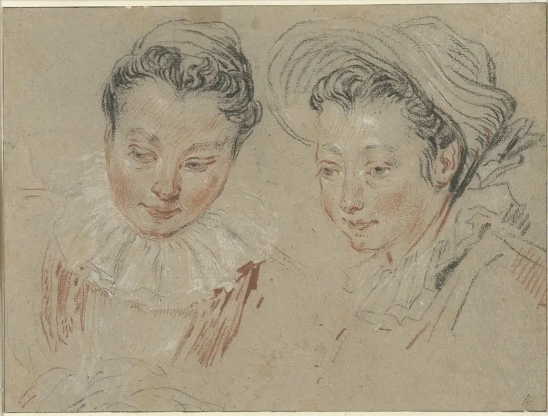 Studieblad met twee meisjeskoppen, het rechter met een stroohoed Wall Art by unknown - High-Resolution Digital Print