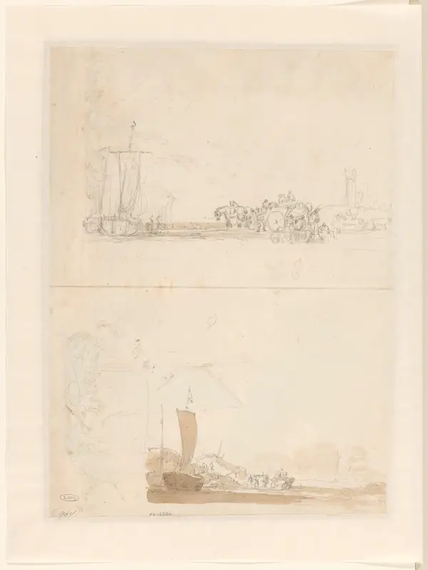 Studieblad met twee schetsen van vissersboten en paardenwagens op het strand Wall Art by Johannes Christiaan Schotel - High-Resolution Digital Print