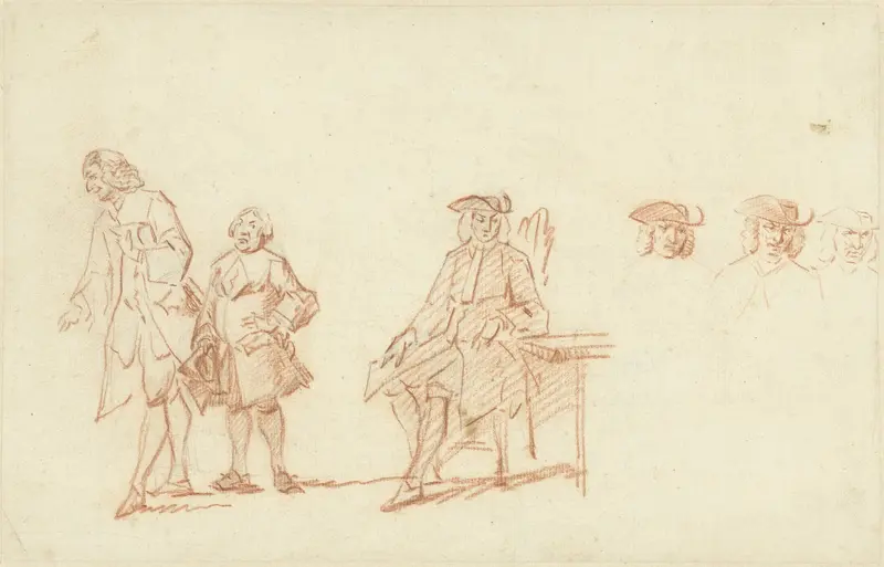 Studieblad met twee staande mannen en een zittende man, wiens hoofd driemaal herhaald is Wall Art by Cornelis Troost - High-Resolution Digital Print