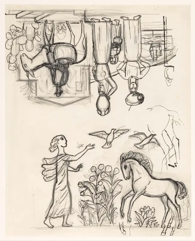 Studieblad met twee vrouwen met kruiken op het hoofd, een man op een ezel en een vrouw die vogels loslaat bij een veulen Wall Art by Leo Gestel - High-Resolution Digital Print