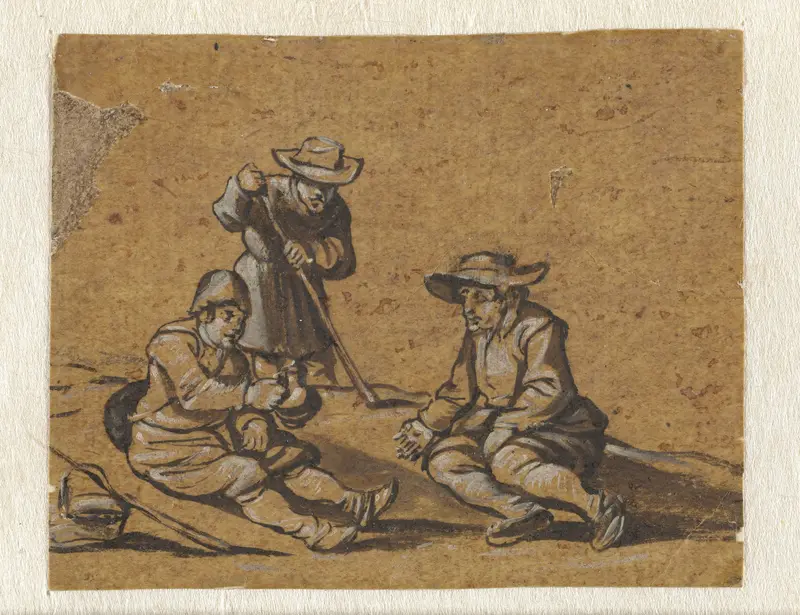 Studieblad met twee zittende figuren en een staande figuur Wall Art by Unknown - High-Resolution Digital Print