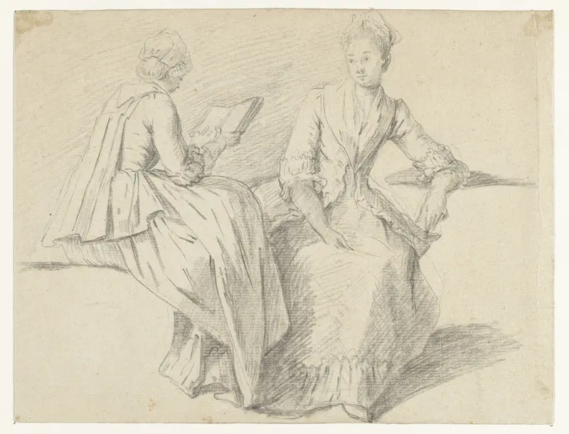 Studieblad met twee zittende meisjes Wall Art by Unknown - High-Resolution Digital Print