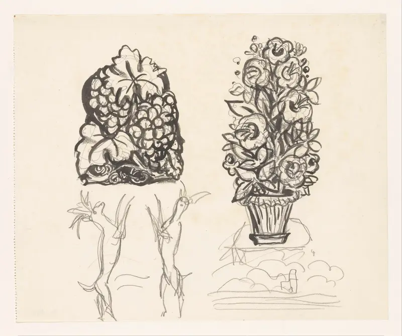 Studieblad met vaas met bloemen, druiventros en twee geiten Wall Art by Leo Gestel - High-Resolution Digital Print