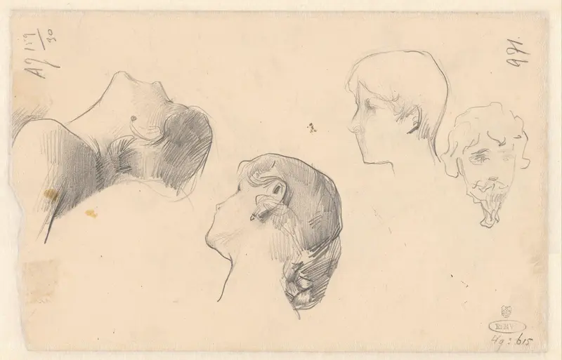 Studieblad met vier hoofden van mannen en vrouwen Wall Art by Nicolaas van der Waay - High-Resolution Digital Print