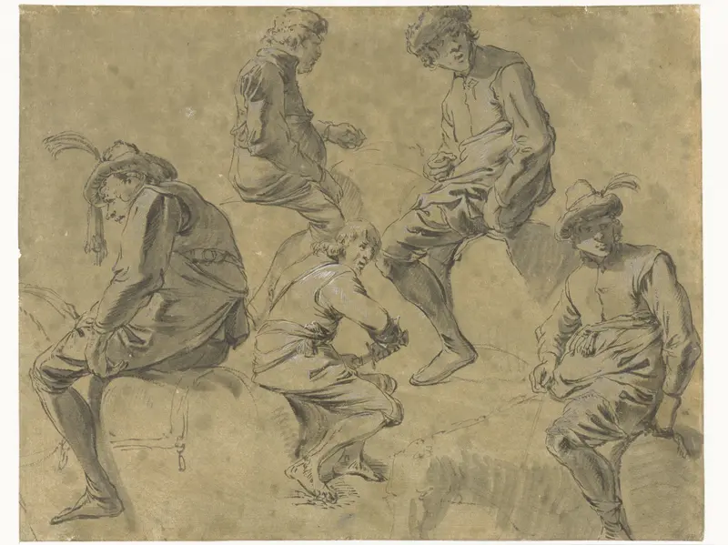 Studieblad met vier mannen te paard en een op een steen Wall Art by Leonaert Bramer - High-Resolution Digital Print