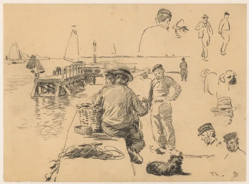Studieblad met vissers en een hond in de haven en diverse figuurstudies Wall Art by Willem Bastiaan Tholen - High-Resolution Digital Print