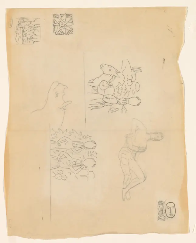 Studieblad met vrouwen die waterkruiken op het hoofd dragen en enkele andere schetsen Wall Art by Leo Gestel - High-Resolution Digital Print