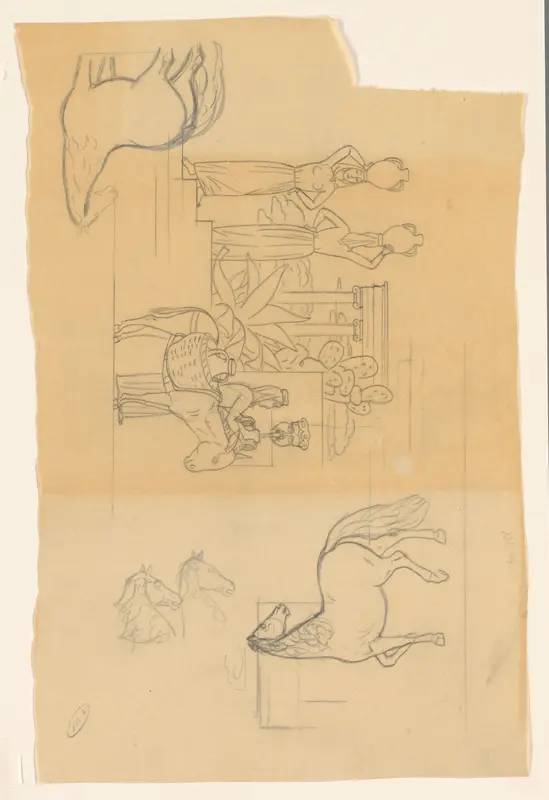 Studieblad met vrouwen en een ezel bij een tempel en vier paarden Wall Art by Leo Gestel - High-Resolution Digital Print
