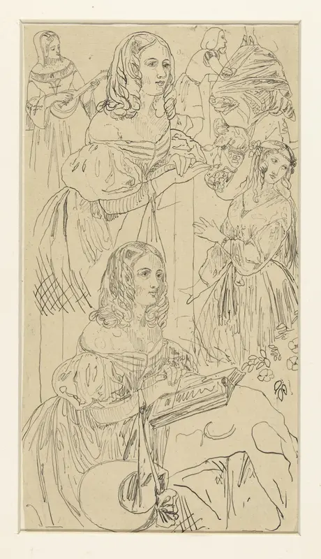 Studieblad met vrouwenfiguur in 19e eeuws costuum, en andere figuren Wall Art by Rodolphe Bresdin - High-Resolution Digital Print