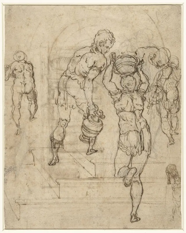 Studieblad met waterdragende figuren die een trap opklimmen Wall Art by anonymous - High-Resolution Digital Print