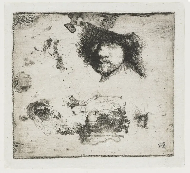 Studieblad met zelfportret, een bedelaarspaar, en hoofden van een oude man en vrouw Wall Art by Rembrandt van Rijn - High-Resolution Digital Print