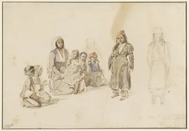 Studieblad met zittende vrouw en kinderen, te Dereköy in Turkije Wall Art by Denis Auguste Marie Raffet - High-Resolution Digital Print