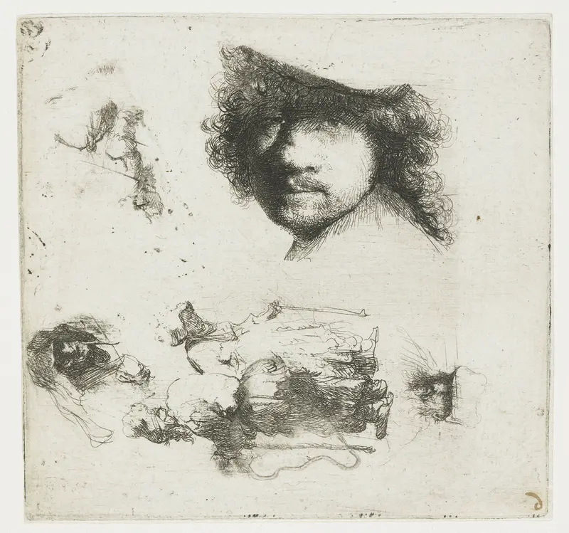 Studieblad: zelfportret, een paar bedelaars, koppen van oude man en een vrouw, etc. Wall Art by Rembrandt van Rijn - High-Resolution Digital Print