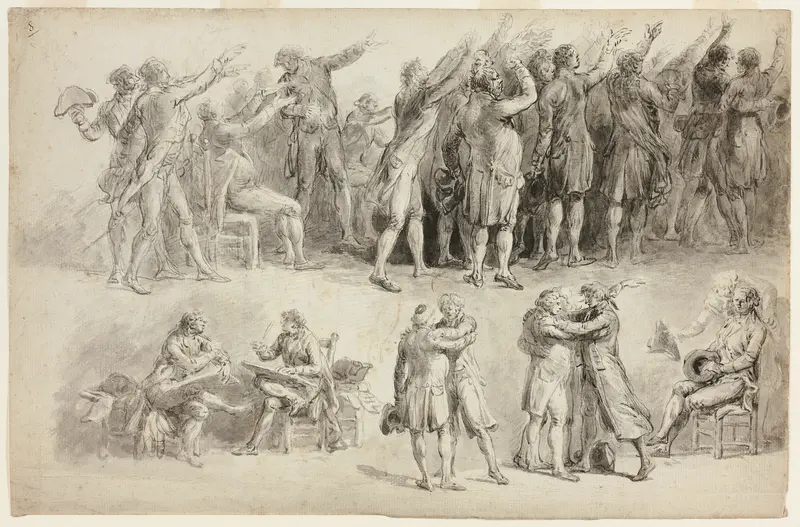 Studies after the Oath of the Tennis Court (recto); Studies after the Oath of the Tennis Court: Group with Maupetit de la Mayenne Carried by His Two Sons (verso)