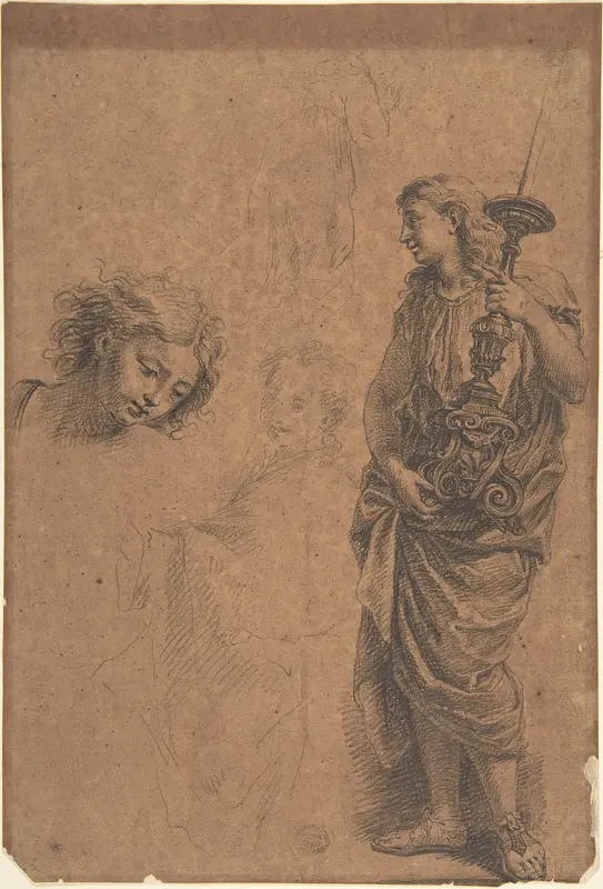 Studies: Figure Holding a Candlestand, Woman with Left Arm Extended, Head Looking Down towards the Right, Kneeling Woman Wall Art by Anonymous, Italian, Roman-Bolognese, 17th century - High-Resolution Digital Print