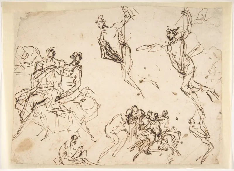 Studies of a Group of Seated Figures and of a Flying Figure Wall Art by Micco Spadaro (Domenico Gargiulo) - High-Resolution Digital Print