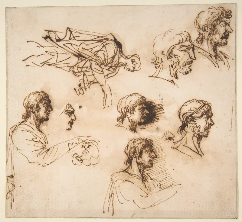 Studies of a Man's Head in Profile, and of a Standing Male Figure Wall Art by Salvator Rosa - High-Resolution Digital Print