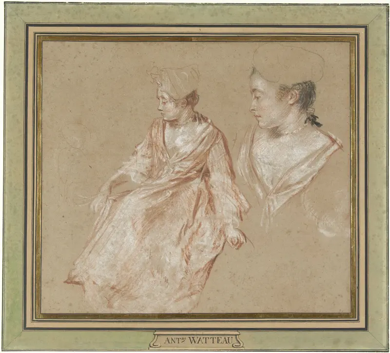Studies of a Seated Woman and a Detail of Her Head and Shoulders Wall Art by Jean Antoine Watteau - High-Resolution Digital Print