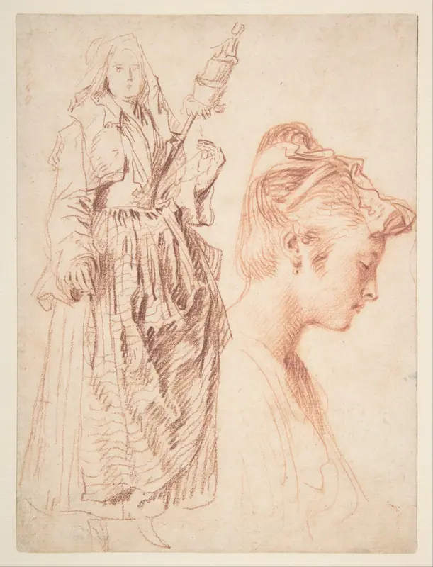 Studies of a Standing Woman Holding a Spindle and a Woman’s Head in Profile to the Right Wall Art by Antoine Watteau - High-Resolution Digital Print