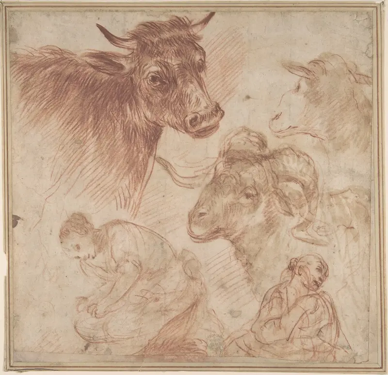 Studies of Animal Heads and Figures Wall Art by Anonymous, Italian, Roman-Bolognese, 17th century - High-Resolution Digital Print