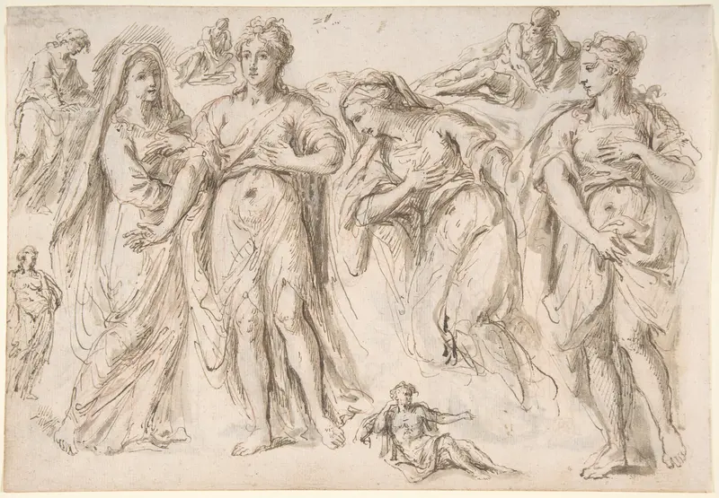 Studies of draped female and male figures; verso: Studies of draped female figures Wall Art by Bartholomaeus Ignaz Weiss - High-Resolution Digital Print
