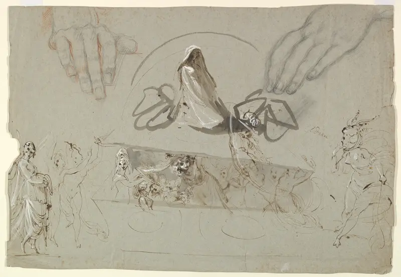 Studies of fairies with a pair of hands (possibly representing the Opening of Pandora's Box) Wall Art by William Lock the Younger - High-Resolution Digital Print