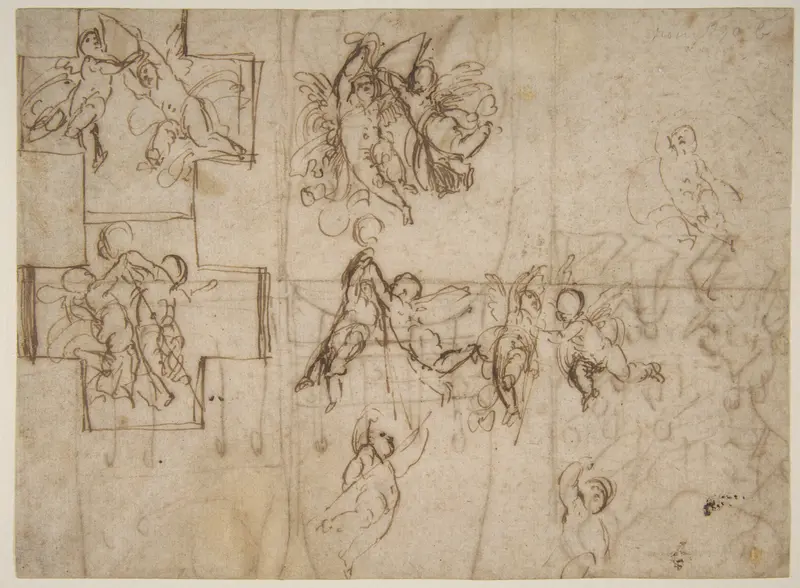 Studies of Flying Putti (recto); Composition Studies (verso) Wall Art by Guido Reni - High-Resolution Digital Print
