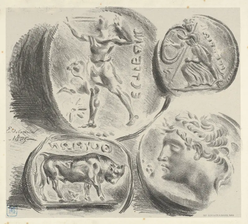 Studies of Four Greek Coins Wall Art by Eugène Delacroix - High-Resolution Digital Print