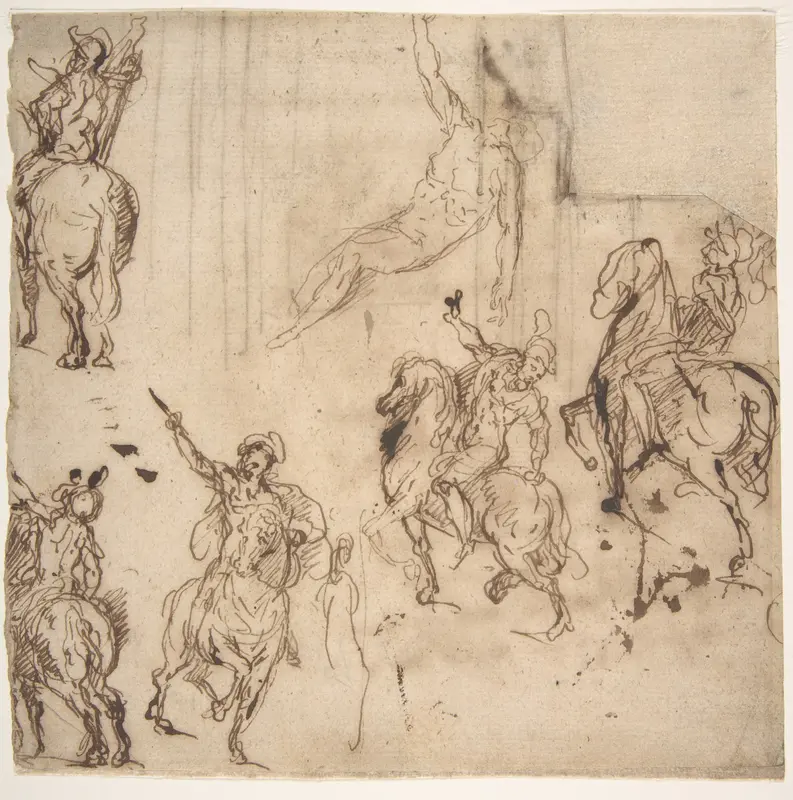 Studies of Horsemen and Study of a Figure for a Deposition (recto); Sketch for an Entablature (verso) Wall Art by Jacopo Palma the Younger - High-Resolution Digital Print