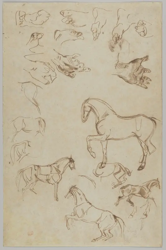 Studies of Horses, Hands, and Feet (recto); Studies of Heads and Figures (verso) Wall Art by Eugène Delacroix - High-Resolution Digital Print