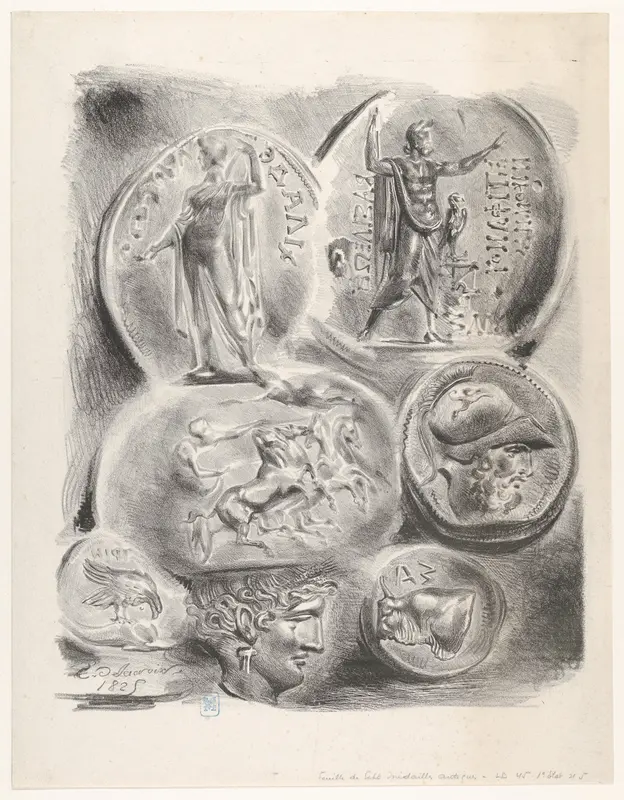 Studies of Seven Greek Coins Wall Art by Eugène Delacroix - High-Resolution Digital Print