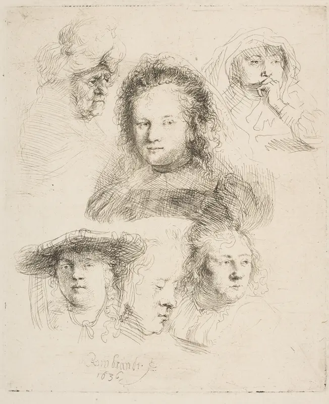 Studies of the Head of Saskia and Others Wall Art by Rembrandt (Rembrandt van Rijn) - High-Resolution Digital Print
