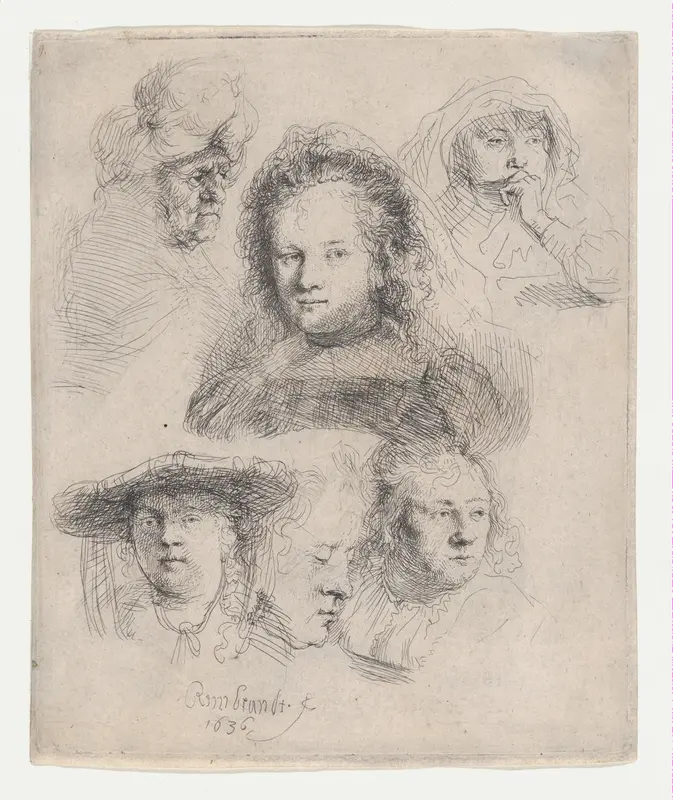 Studies of the Heads of Saskia and Others Wall Art by Rembrandt (Rembrandt van Rijn) - High-Resolution Digital Print