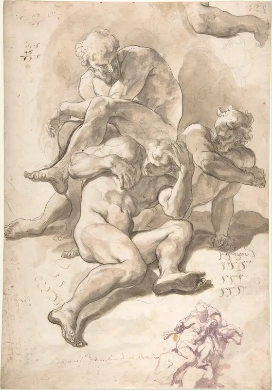 Studies of Three Naked Men, a Right Arm and a Nude Figure Supported by Another (recto); Studies of a Figure with Left Arm Upraised, a Leg, and Putti with Foliage (verso) Wall Art by Paolo Pagani - High-Resolution Digital Print