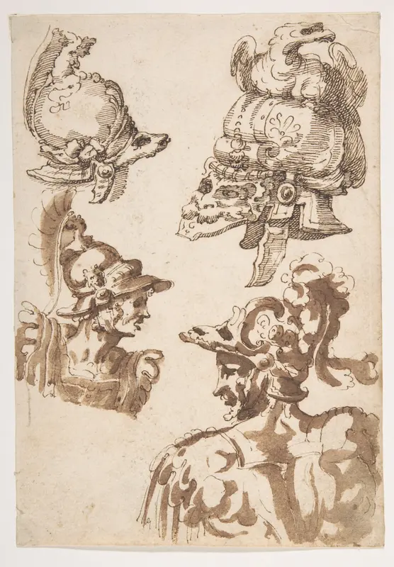 Studies of Two Helmets and of Two Soldiers Wearing Helmets Wall Art by Marco Marchetti (Marco da Faenza) - High-Resolution Digital Print