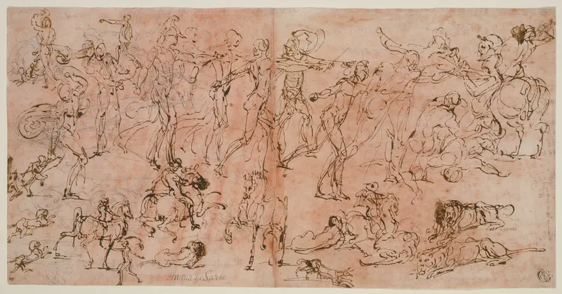 Studies of Warriors, Horsemen, and Lions (recto); Studies of Heads and Nude Figures, Ceiling Plan, and Inscriptions (verso) Wall Art by Perino del Vaga - High-Resolution Digital Print