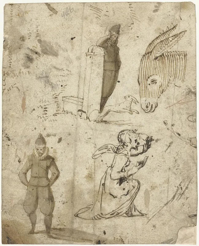 Studies van een engel, een man, een ezel en een konijn Wall Art by Gerard ter Borch (I) - High-Resolution Digital Print