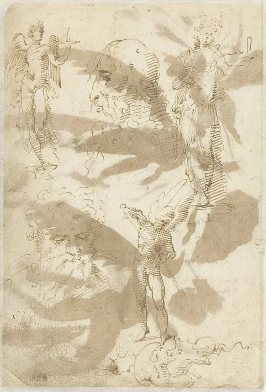 Studies van een engel, twee hoofden en de heilige Michaël Wall Art by Domenico Beccafumi - High-Resolution Digital Print