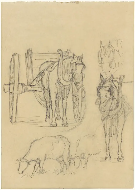 Studies van een etend paard en koeien