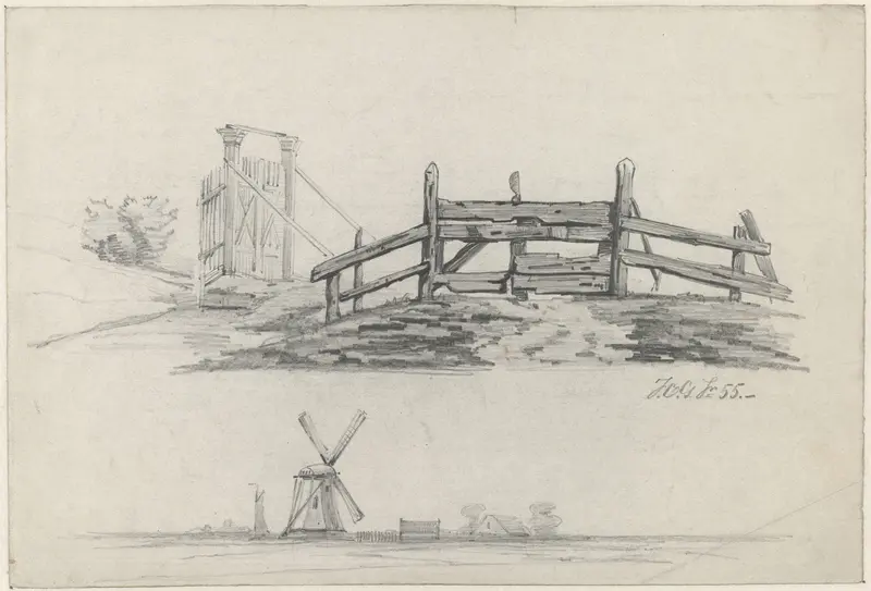 Studies van een hek, een poort en een landschap met windmolen Wall Art by Johan Conrad Greive - High-Resolution Digital Print